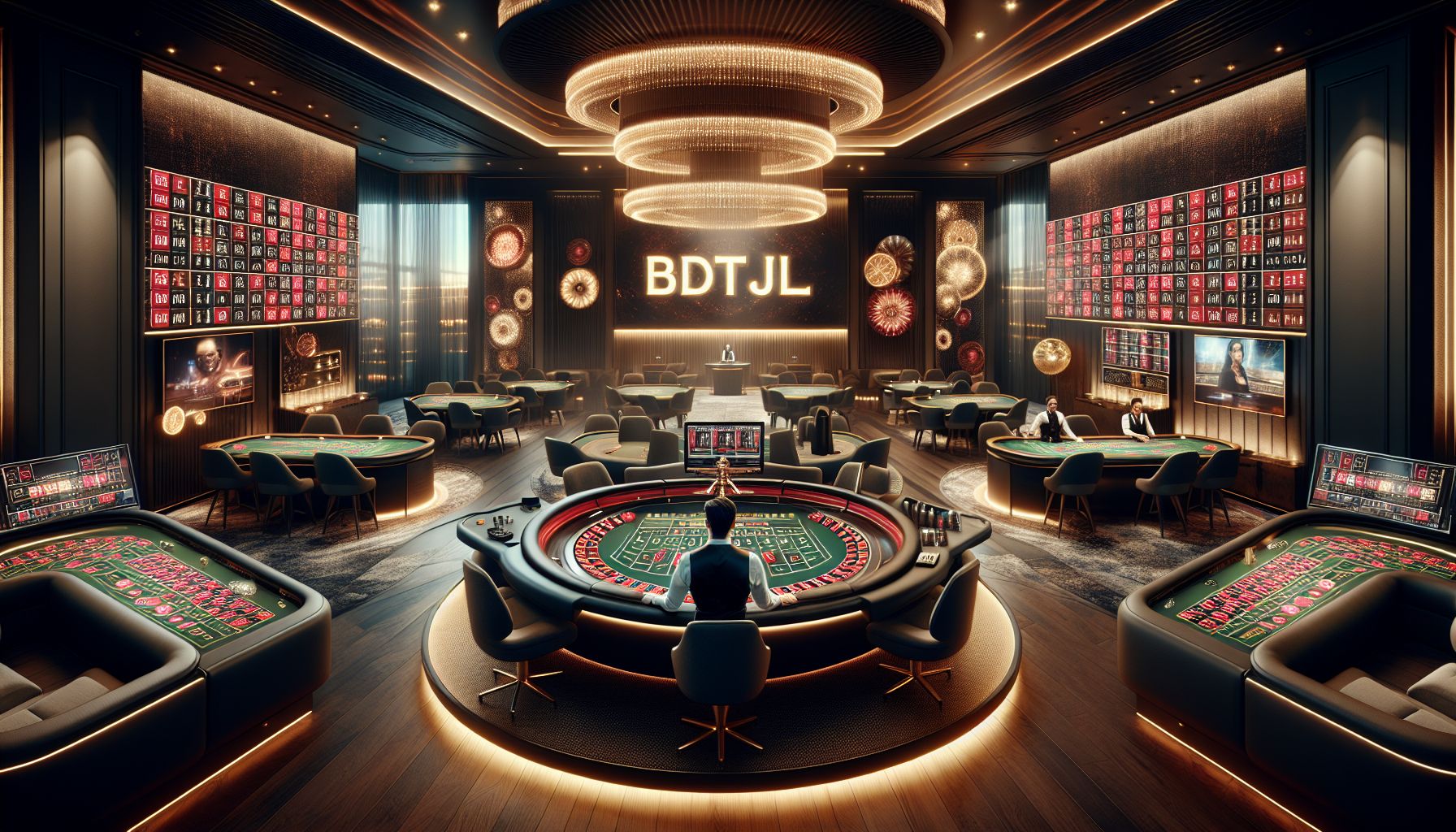 Modern casino environment with live tables, digital displays, and a premium gaming setup