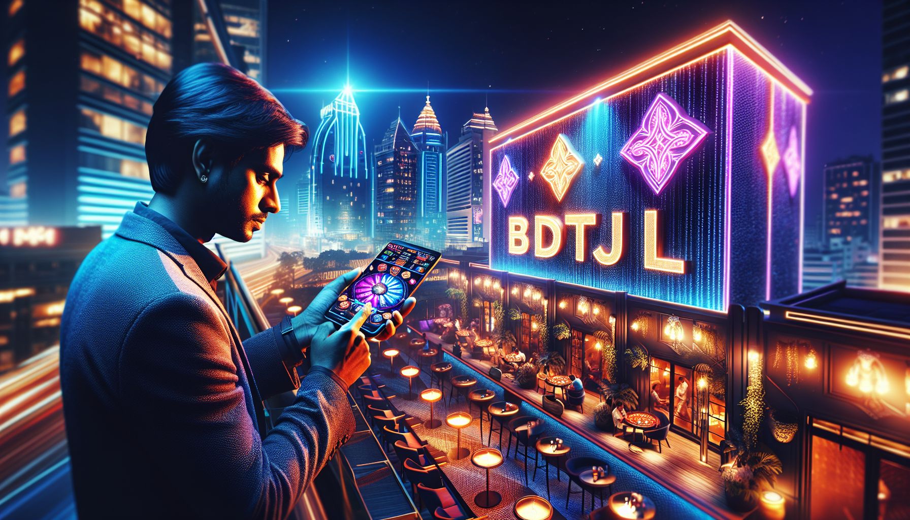 Bangladesh player using a glowing mobile screen with vibrant casino icons and bold BDTJL branding in a modern night setting