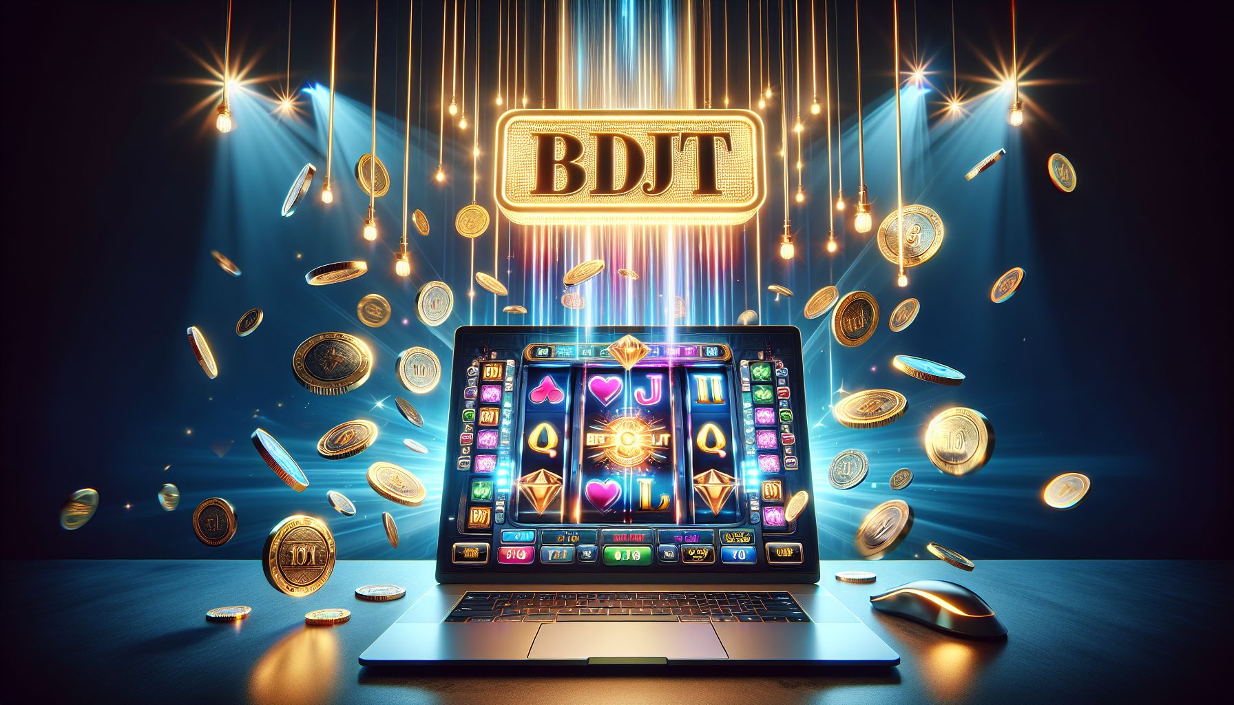 Laptop displaying colorful casino game tiles with energetic light trails and premium BDTJL atmosphere for Bangladesh users