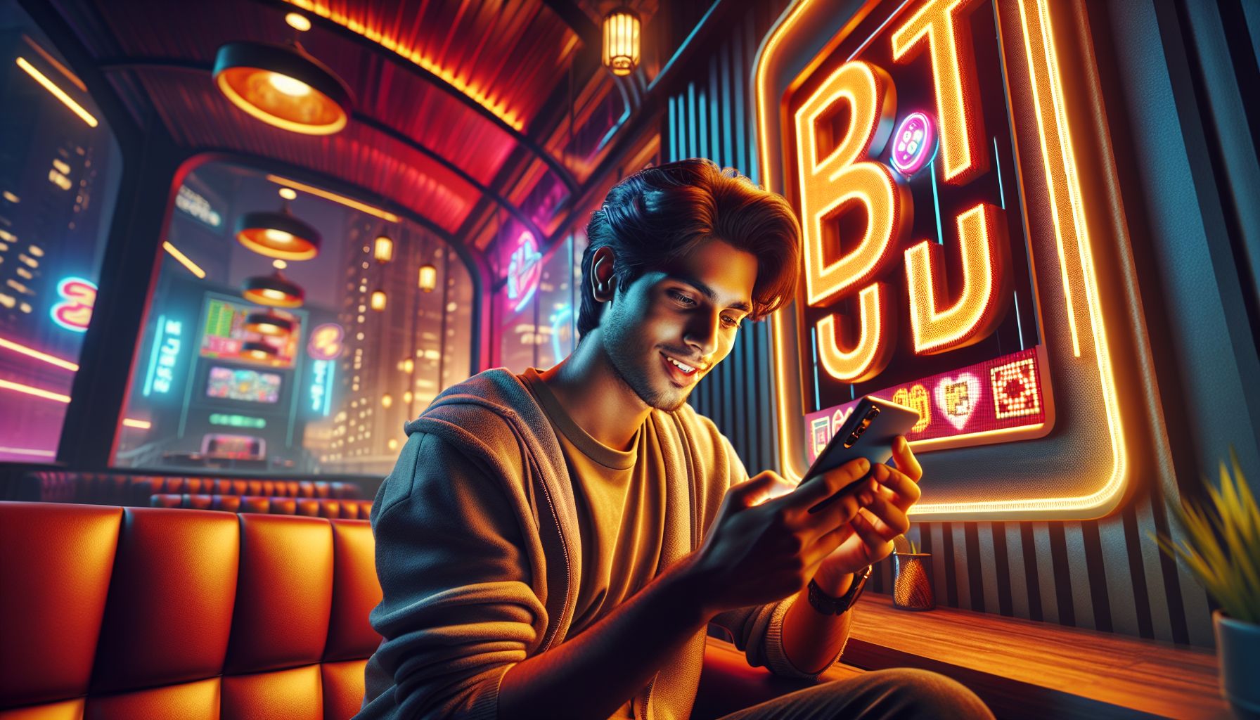 Young Bangladeshi player enjoying colorful BDTJL slot reels on a smartphone in a modern gaming setting