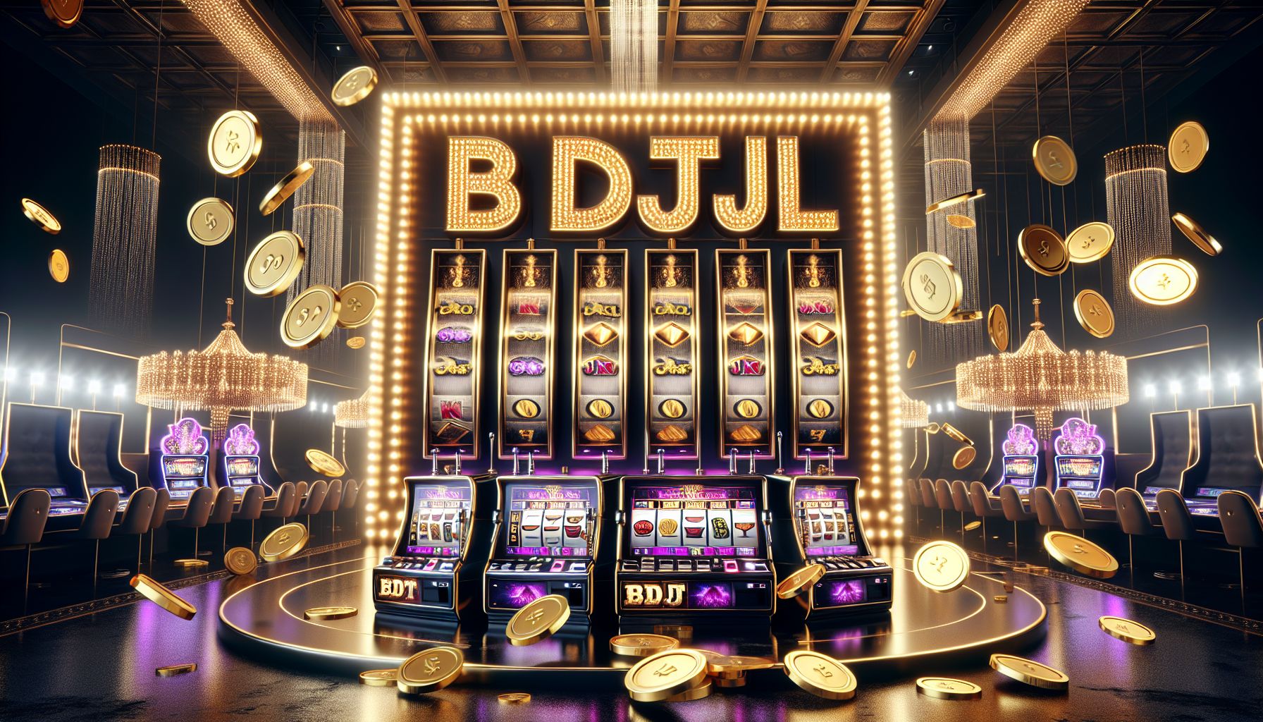 Premium slot reel with glowing symbols and coins flying through a dramatic casino-inspired scene for BDTJL